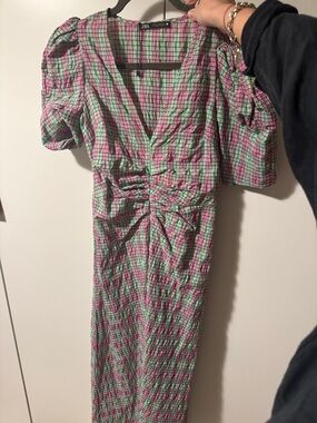 Zara Pink & Mint Check Puff-Sleeve Midi Dress